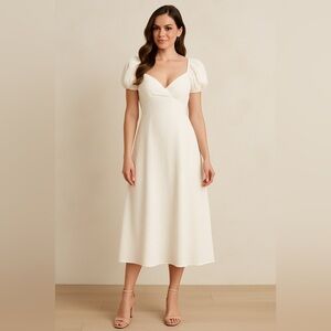 Unbranded White Textured Puff Sleeve Midi Dress Square Neck XS-S